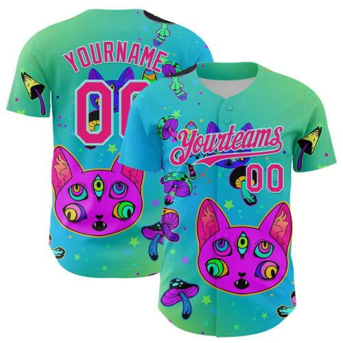 3DPattern8008 Custom Green Hot Pink-Ice Blue 3D Pattern Design Trippy Magic Mushrooms Cats Authentic Baseball Jersey