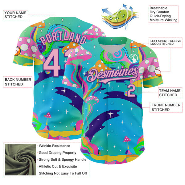 Custom Navy Light Pink-Purple 3D Pattern Design Trippy Psychedelic Magic Mushrooms Authentic Baseball Jersey
