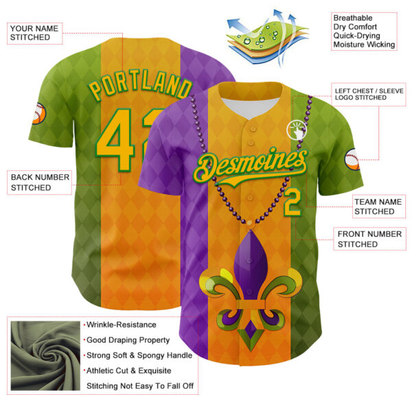 Custom Purple Gold-Grass Green 3D Pattern Design Mardi Gras Shrove Tuesday Authentic Baseball Jersey