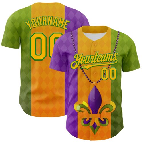 3DPattern8014 Custom Purple Gold-Grass Green 3D Pattern Design Mardi Gras Shrove Tuesday Authentic Baseball Jersey