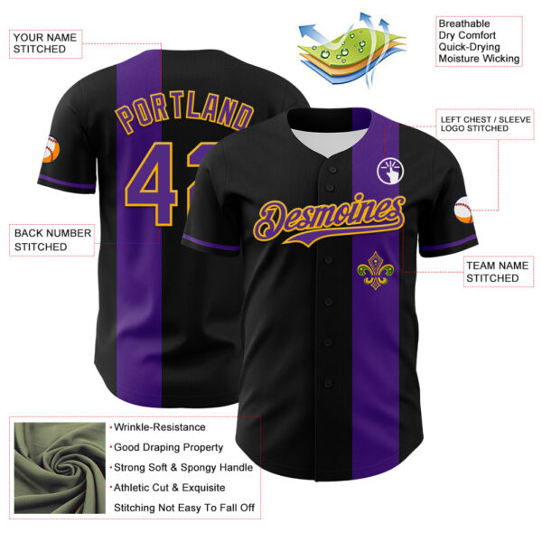 Custom Black Purple-Gold 3D Pattern Design Mardi Gras Shrove Tuesday Authentic Baseball Jersey