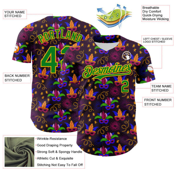 Custom Purple Grass Green-Gold 3D Pattern Design Mardi Gras Shrove Tuesday Authentic Baseball Jersey