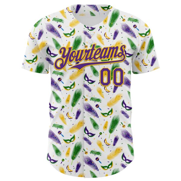 Custom White Purple-Yellow 3D Pattern Design Mardi Gras Shrove Tuesday Authentic Baseball Jersey