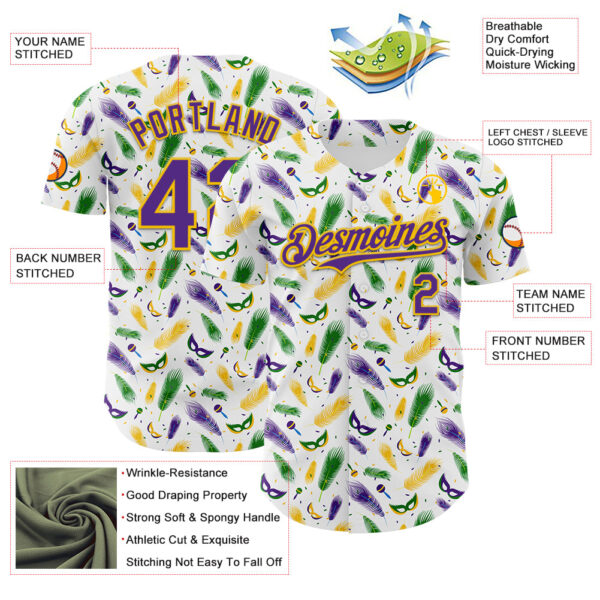 Custom White Purple-Yellow 3D Pattern Design Mardi Gras Shrove Tuesday Authentic Baseball Jersey