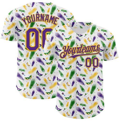 3DPattern8019 Custom White Purple-Yellow 3D Pattern Design Mardi Gras Shrove Tuesday Authentic Baseball Jersey