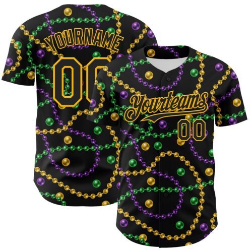 3DPattern8025 Custom Black Gold 3D Pattern Design Mardi Gras Shrove Tuesday Authentic Baseball Jersey