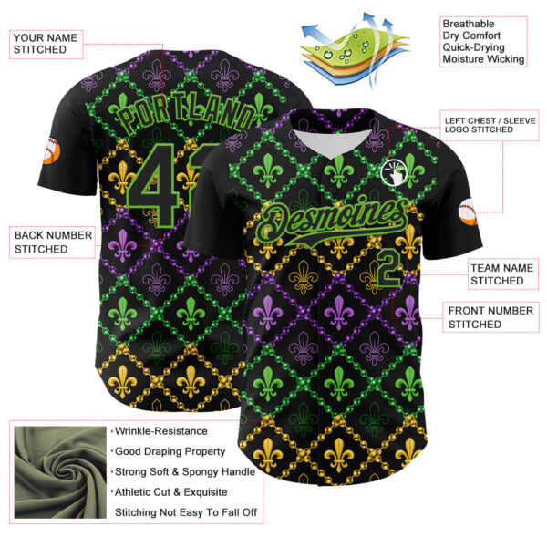 Custom Black Aurora Green 3D Pattern Design Mardi Gras Shrove Tuesday Authentic Baseball Jersey