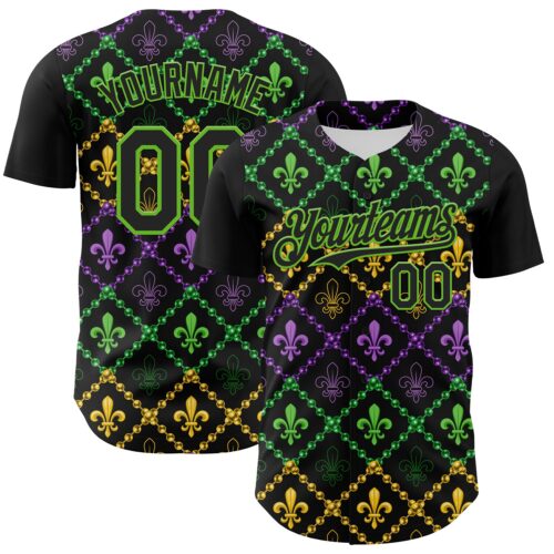 Custom Black Aurora Green 3D Pattern Design Mardi Gras Shrove Tuesday Authentic Baseball Jersey