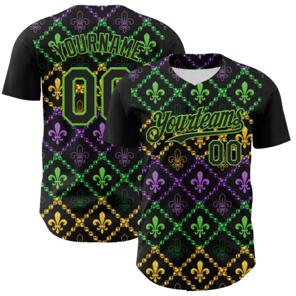 Custom Black Aurora Green 3D Pattern Design Mardi Gras Shrove Tuesday Authentic Baseball Jersey