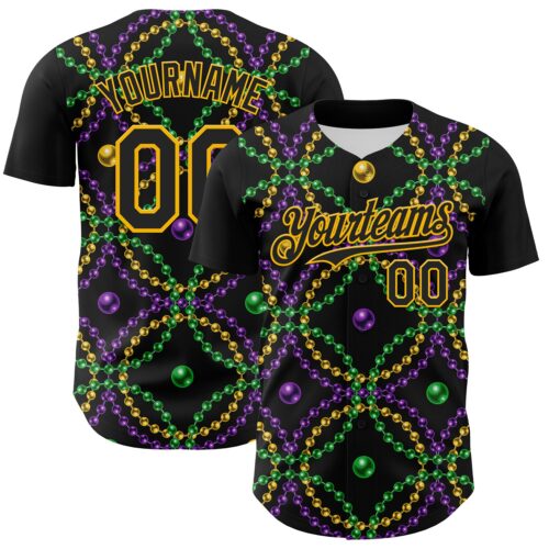 3DPattern8030 Custom Black Gold 3D Pattern Design Mardi Gras Shrove Tuesday Authentic Baseball Jersey