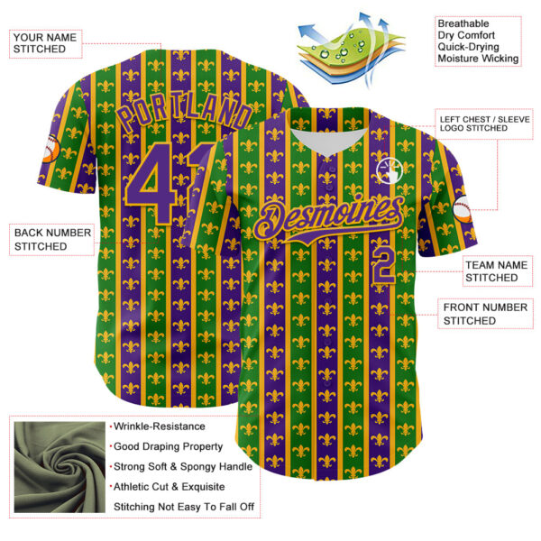 Custom Green Purple-Gold 3D Pattern Design Mardi Gras Shrove Tuesday Authentic Baseball Jersey