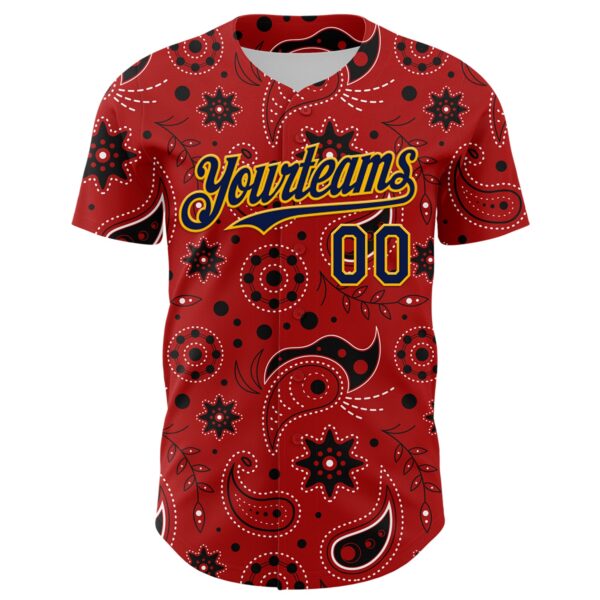 Custom Red Navy-Gold 3D Pattern Design Burner Costumes Paisley Bandana Authentic Baseball Jersey