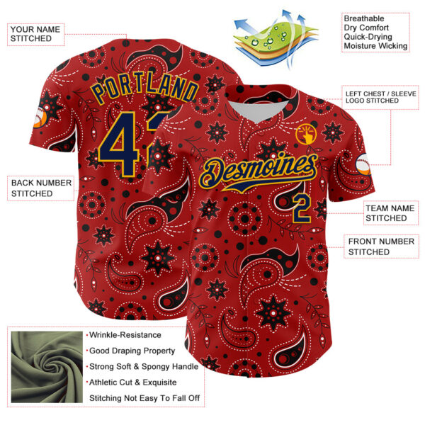 Custom Red Navy-Gold 3D Pattern Design Burner Costumes Paisley Bandana Authentic Baseball Jersey