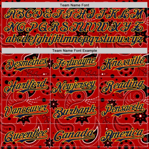 Custom Red Navy-Gold 3D Pattern Design Burner Costumes Paisley Bandana Authentic Baseball Jersey
