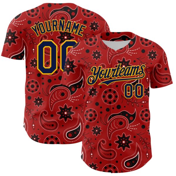 Custom Red Navy-Gold 3D Pattern Design Burner Costumes Paisley Bandana Authentic Baseball Jersey