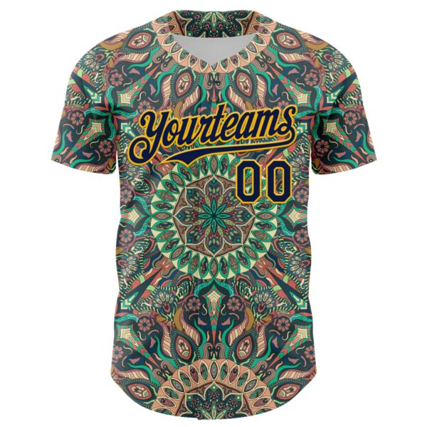 Custom Green Navy-Gold 3D Pattern Design Burner Costumes Psychedelic Authentic Baseball Jersey