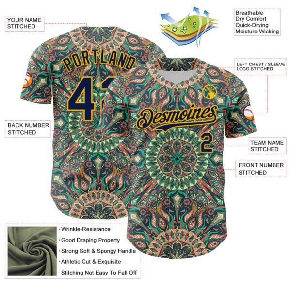 Custom Green Navy-Gold 3D Pattern Design Burner Costumes Psychedelic Authentic Baseball Jersey