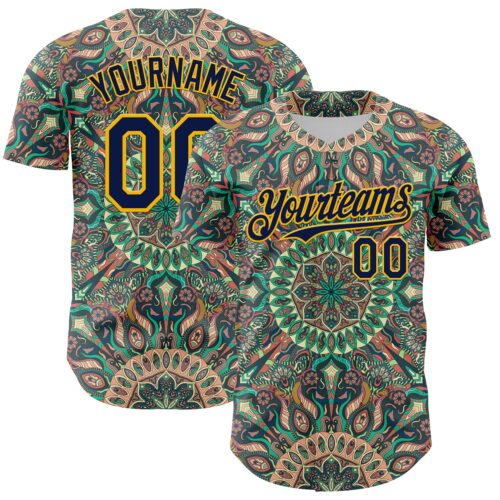 Custom Green Navy-Gold 3D Pattern Design Burner Costumes Psychedelic Authentic Baseball Jersey