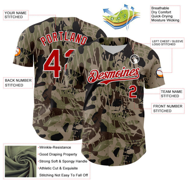 Custom Camo Red-White 3D Pattern Design Burner Costumes Grunge Camo Authentic Salute To Service Baseball Jersey