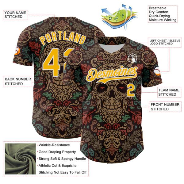Custom Brown Gold-White 3D Pattern Design Burner Costumes Skull Floral Authentic Baseball Jersey