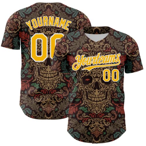 3DPattern8059 Custom Brown Gold-White 3D Pattern Design Burner Costumes Skull Floral Authentic Baseball Jersey