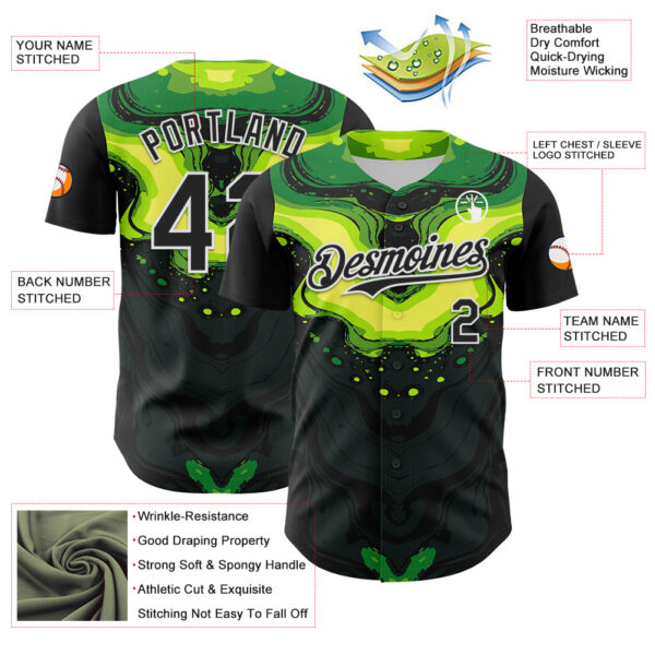 Custom Black Green-White 3D Pattern Design Rave Party Poison Liquid Authentic Baseball Jersey