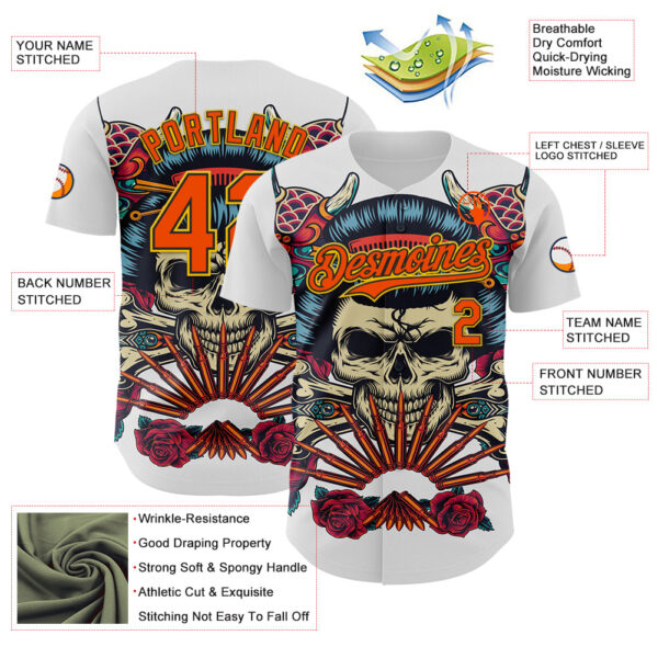 Custom White Orange Black-Yellow 3D Pattern Design Rave Party Vintage Geisha Skull Authentic Baseball Jersey