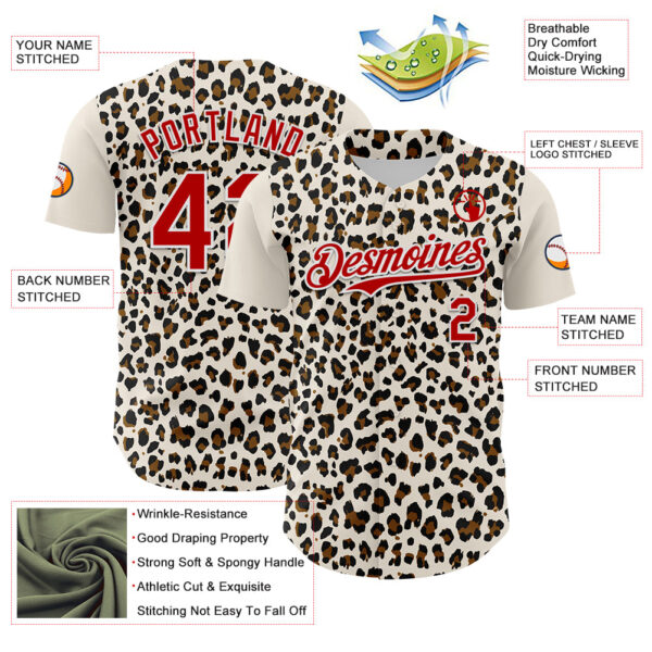Custom Cream Red-White 3D Pattern Design Rave Party Animal Leopard Print Authentic Baseball Jersey