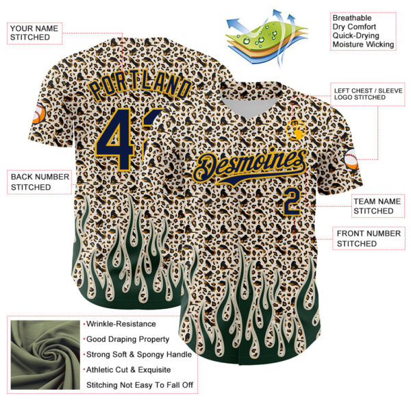 Custom Cream Navy-Gold 3D Pattern Design Rave Party Animal Leopard Print Authentic Baseball Jersey