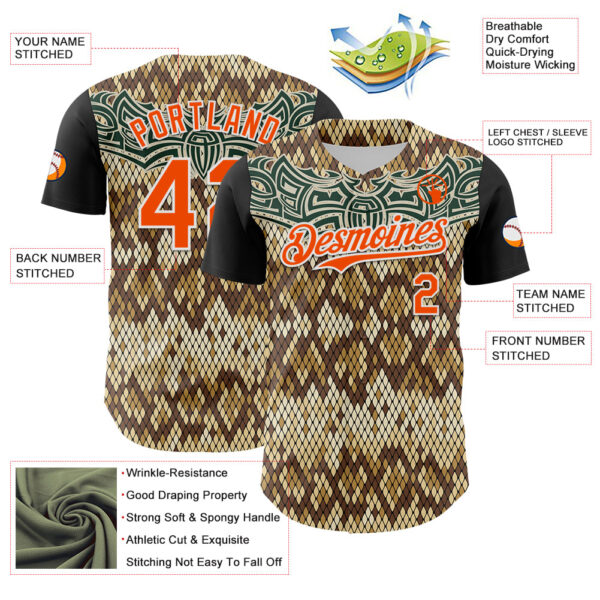 Custom Black Orange-White 3D Pattern Design Rave Party Animal Snake Python Print Authentic Baseball Jersey