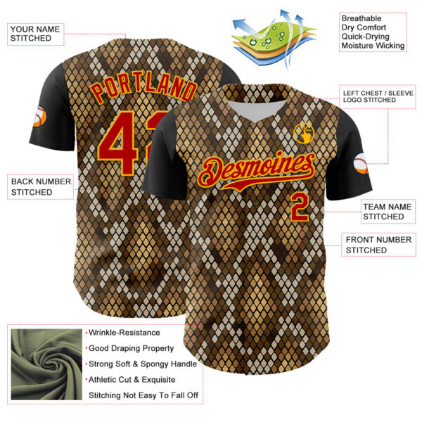Custom Black Red-Gold 3D Pattern Design Rave Party Animal Snake Python Print Authentic Baseball Jersey
