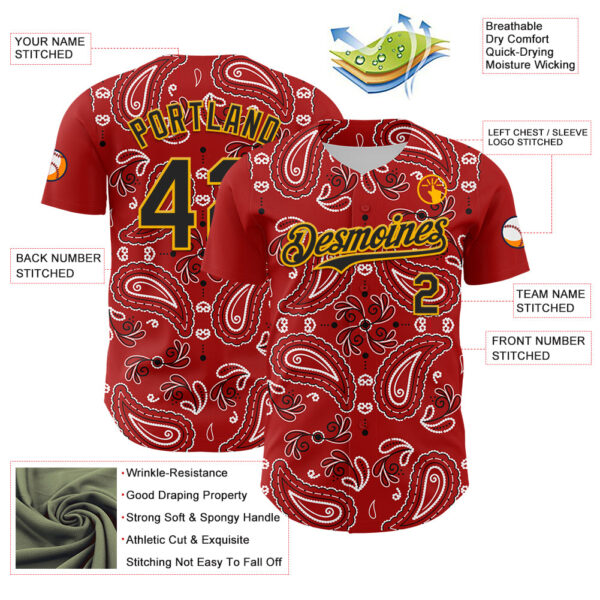 Custom Red Black-Gold 3D Pattern Design Rave Party Paisley Bandana Authentic Baseball Jersey