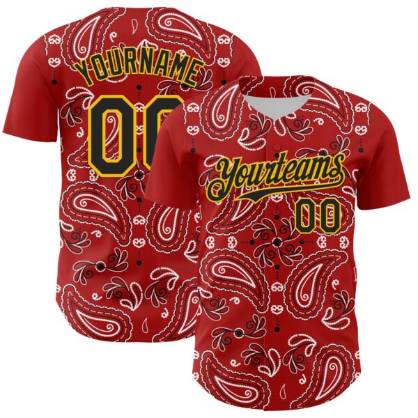 Custom Red Black-Gold 3D Pattern Design Rave Party Paisley Bandana Authentic Baseball Jersey