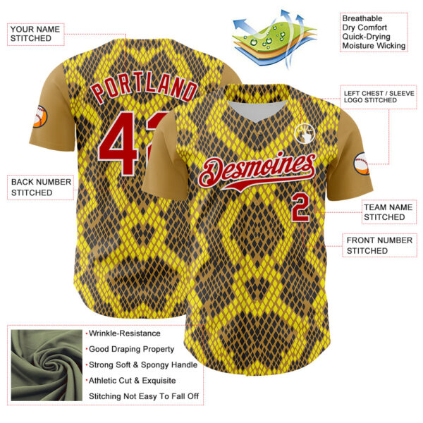 Custom Yellow Red Black-White 3D Pattern Design Rave Party Animal Snake Python Print Authentic Baseball Jersey