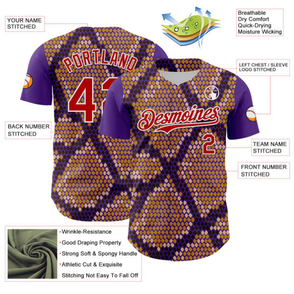 Custom Purple Red-White 3D Pattern Design Rave Party Animal Snake Python Print Authentic Baseball Jersey