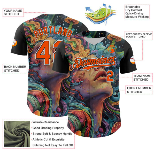 Custom Green Orange Black-White 3D Pattern Design Rave Party Trippy Magic Mushroom Authentic Baseball Jersey