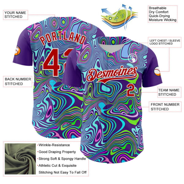 Custom Purple Red-White 3D Pattern Design Rave Party Trippy Laser Fluid Authentic Baseball Jersey