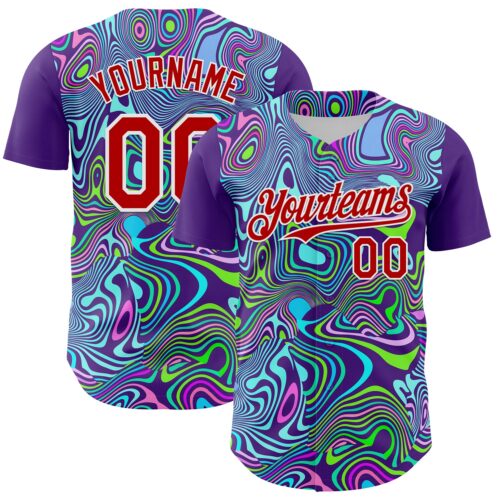 Custom Purple Red-White 3D Pattern Design Rave Party Trippy Laser Fluid Authentic Baseball Jersey