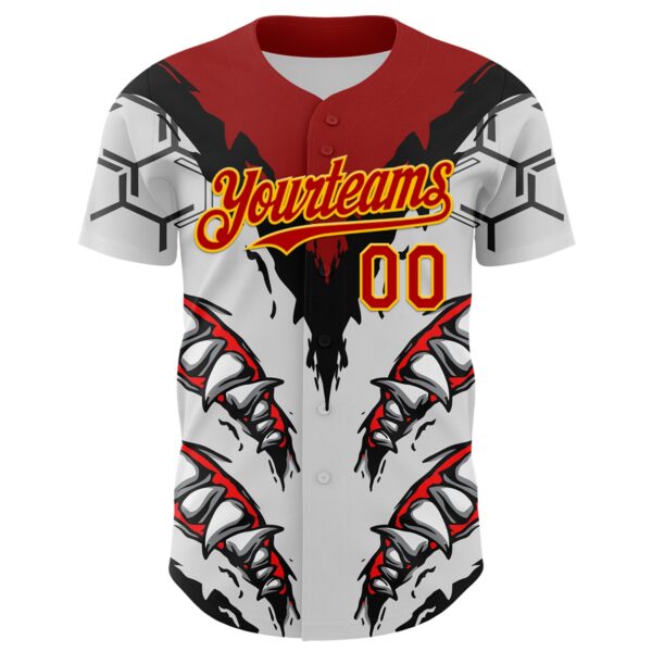 Custom White Red-Yellow 3D Pattern Design Burner Costumes Shark Teeth Authentic Baseball Jersey