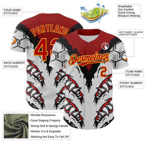 Custom White Red-Yellow 3D Pattern Design Burner Costumes Shark Teeth Authentic Baseball Jersey