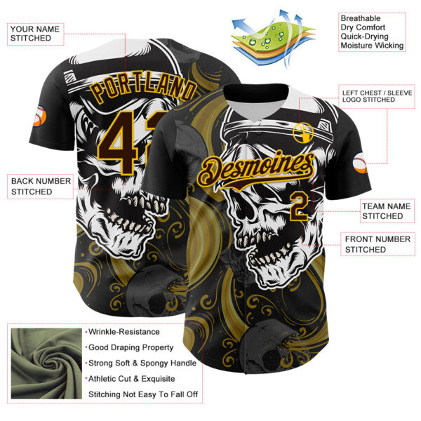 Custom Black Brown Yellow-White 3D Pattern Design Burner Costumes Skull Authentic Baseball Jersey