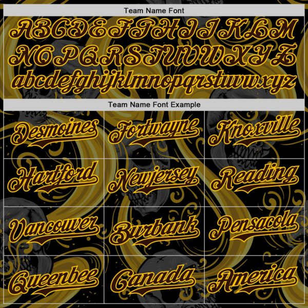 Custom Black Brown Yellow-White 3D Pattern Design Burner Costumes Skull Authentic Baseball Jersey