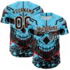 Custom Blue Brown-White 3D Pattern Design Burner Costumes Cyber Skull Authentic Baseball Jersey