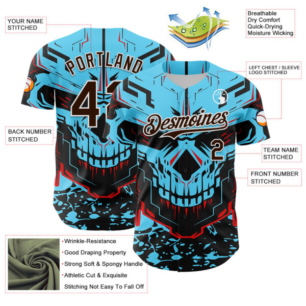Custom Blue Brown-White 3D Pattern Design Burner Costumes Cyber Skull Authentic Baseball Jersey