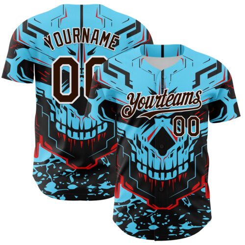 3DPattern8113 Custom Blue Brown-White 3D Pattern Design Burner Costumes Cyber Skull Authentic Baseball Jersey