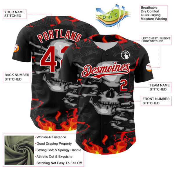 Custom Black Red-White 3D Pattern Design Burner Costumes Hellfire Skull Authentic Baseball Jersey