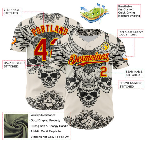 Custom Cream Red-Yellow 3D Pattern Design Burner Costumes Hell Skull Authentic Baseball Jersey