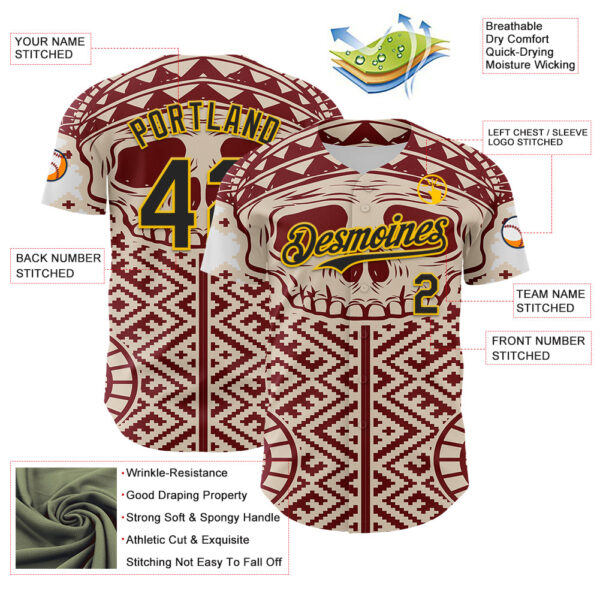 Custom Cream Black Red-Yellow 3D Pattern Design Burner Costumes Tribal Skull Authentic Baseball Jersey
