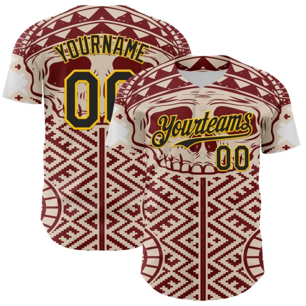 Custom Cream Black Red-Yellow 3D Pattern Design Burner Costumes Tribal Skull Authentic Baseball Jersey