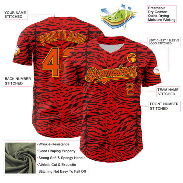 Custom Red Orange Black-Yellow 3D Pattern Design Burner Costumes Animal Tiger Print Authentic Baseball Jersey